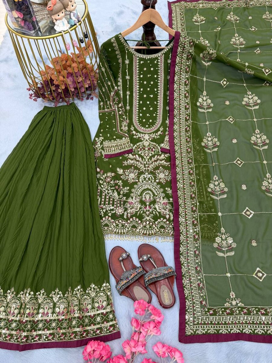 Green Heavy Faux Georgette Embroidery Wedding Party Festival Casual Ready Sharara Pant Salwar Kameez