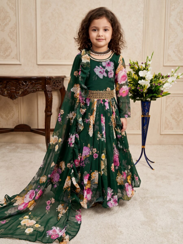 Image of Green Heavy Faux Georgette Printed Ethnic Casual Festival Party Wedding Gown