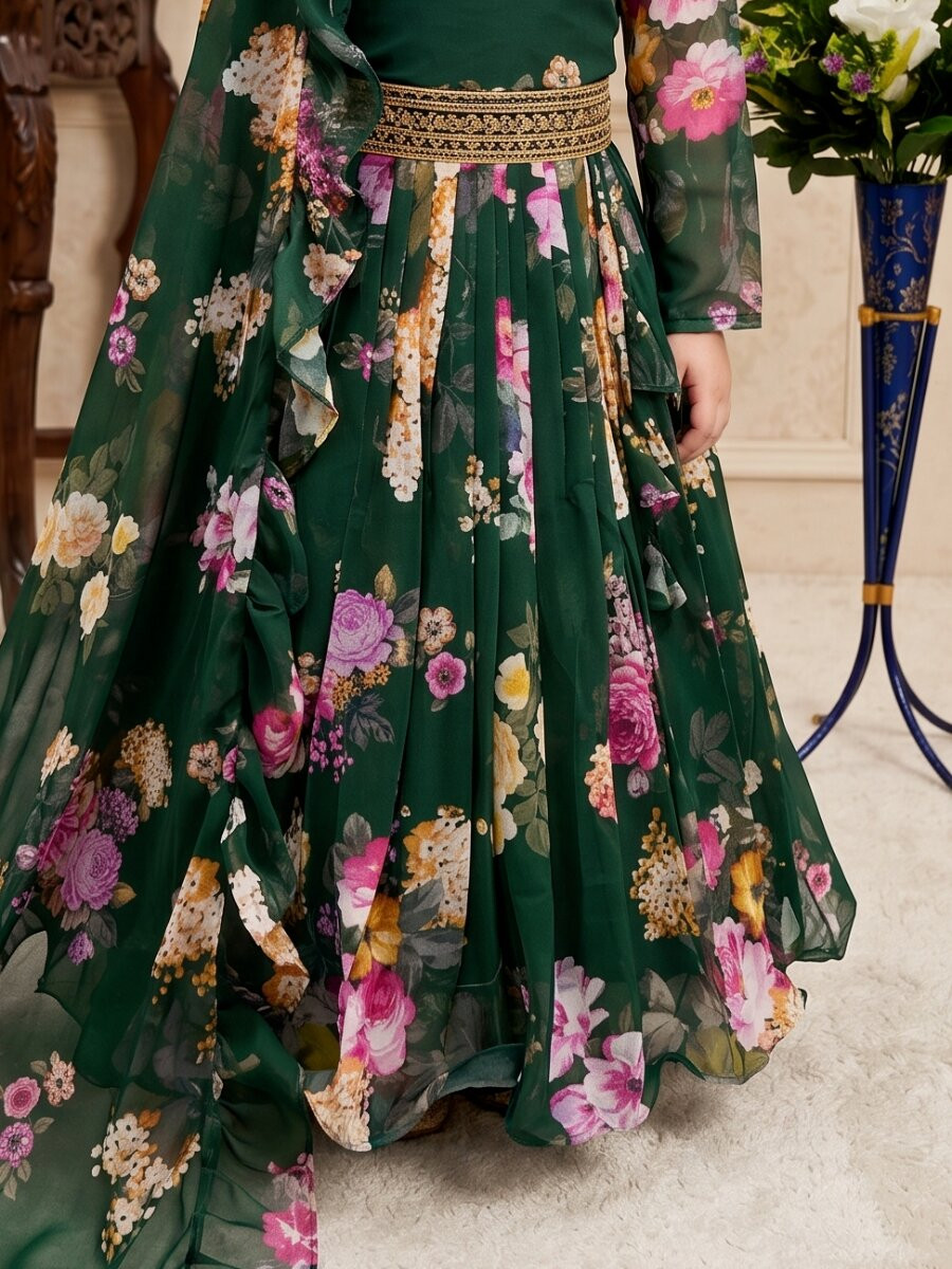 Green Heavy Faux Georgette Printed Ethnic Casual Festival Party Wedding Gown