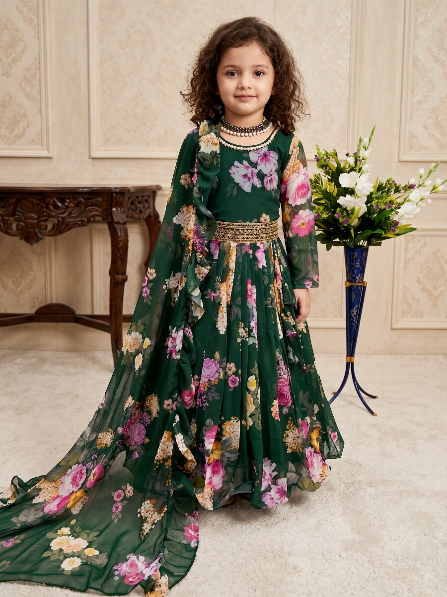 Green Heavy Faux Georgette Printed Ethnic Casual Festival Party Wedding Gown