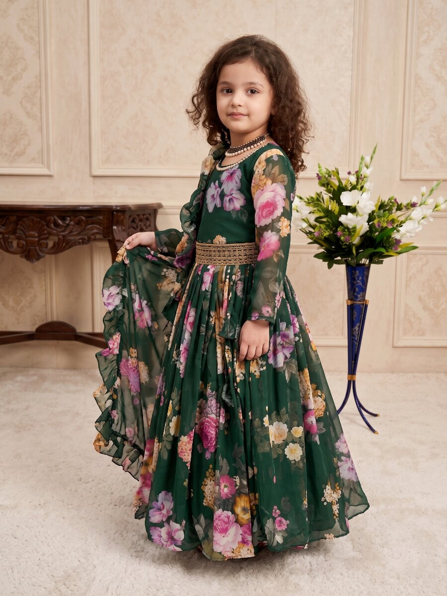 Green Heavy Faux Georgette Printed Ethnic Casual Festival Party Wedding Gown