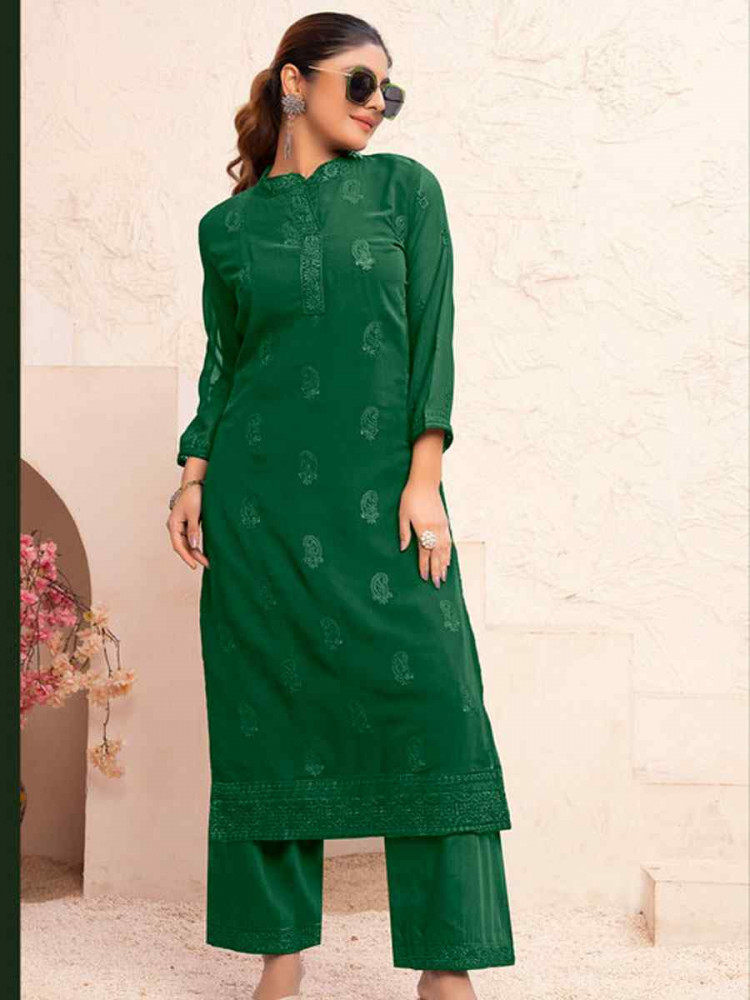Image of Green Heavy Fox Georgette Embroidered Festival Casual Kurti Bottom Women Wear