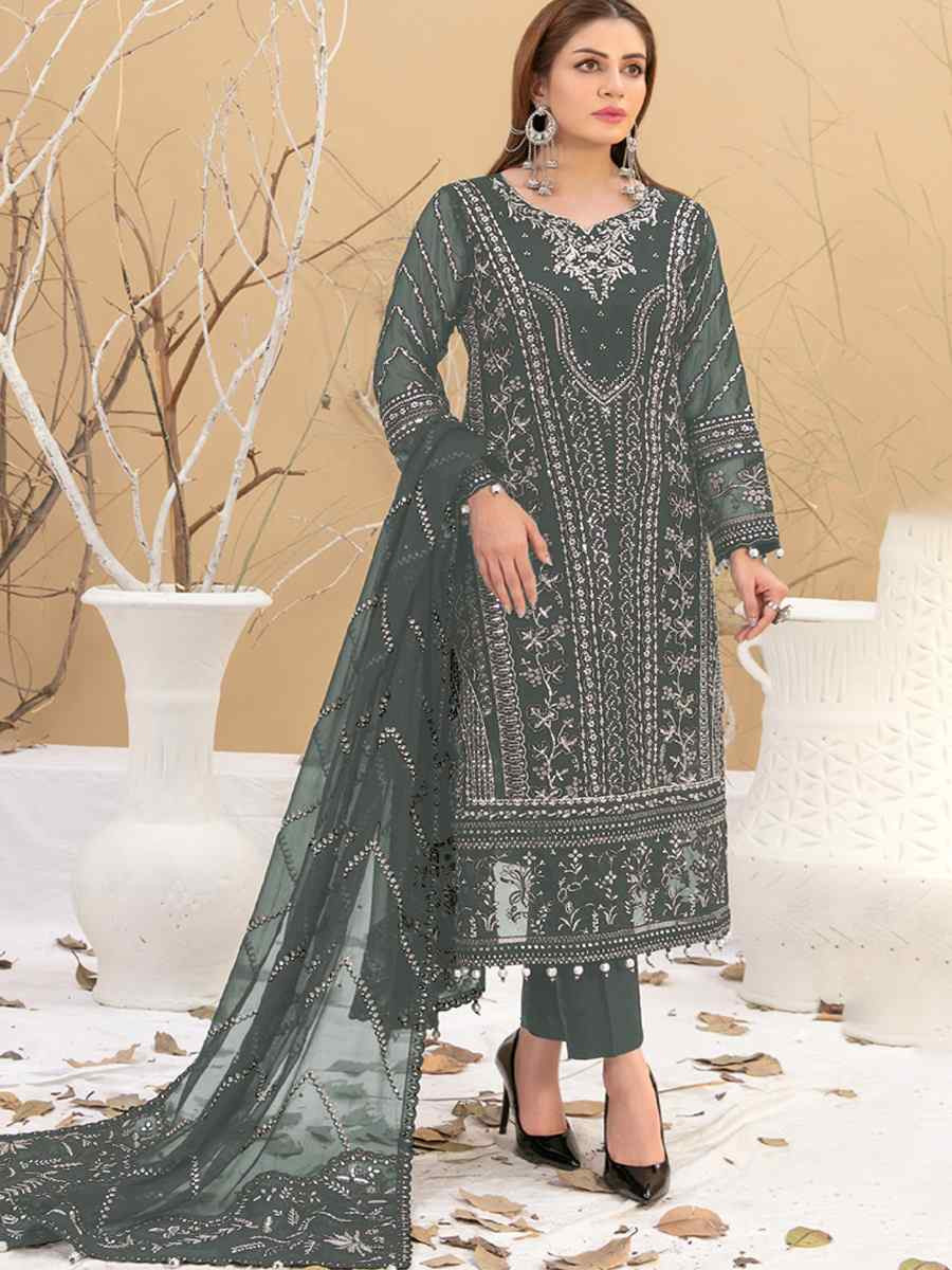 Green Heavy Fox Georgette Embroidered Festival Casual Pant Salwar Kameez