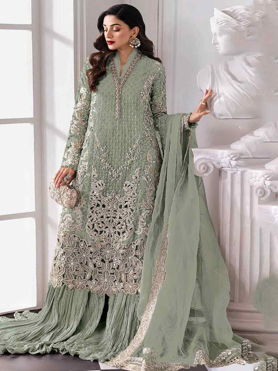Green Heavy Fox Georgette Embroidered Festival Wedding Palazzo Pant Salwar Kameez