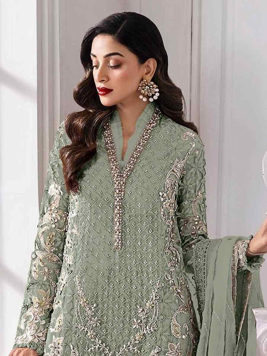 Green Heavy Fox Georgette Embroidered Festival Wedding Palazzo Pant Salwar Kameez