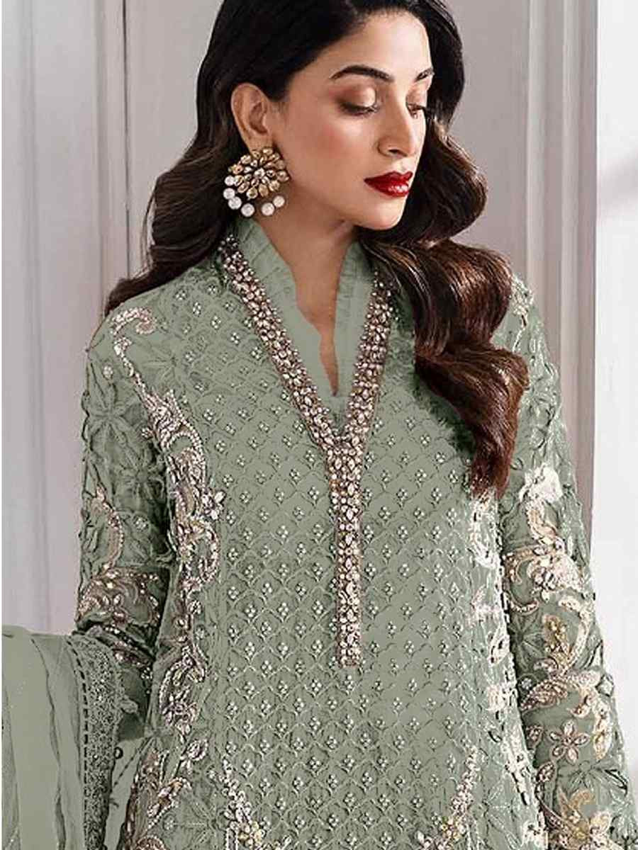 Green Heavy Fox Georgette Embroidered Festival Wedding Palazzo Pant Salwar Kameez