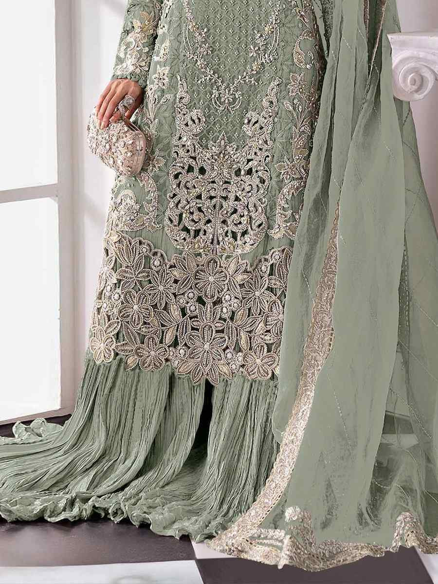 Green Heavy Fox Georgette Embroidered Festival Wedding Palazzo Pant Salwar Kameez