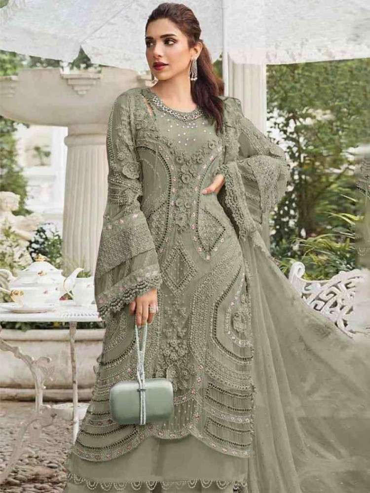 Image of Green Heavy Fox Georgette Embroidered Festival Wedding Pant Salwar Kameez