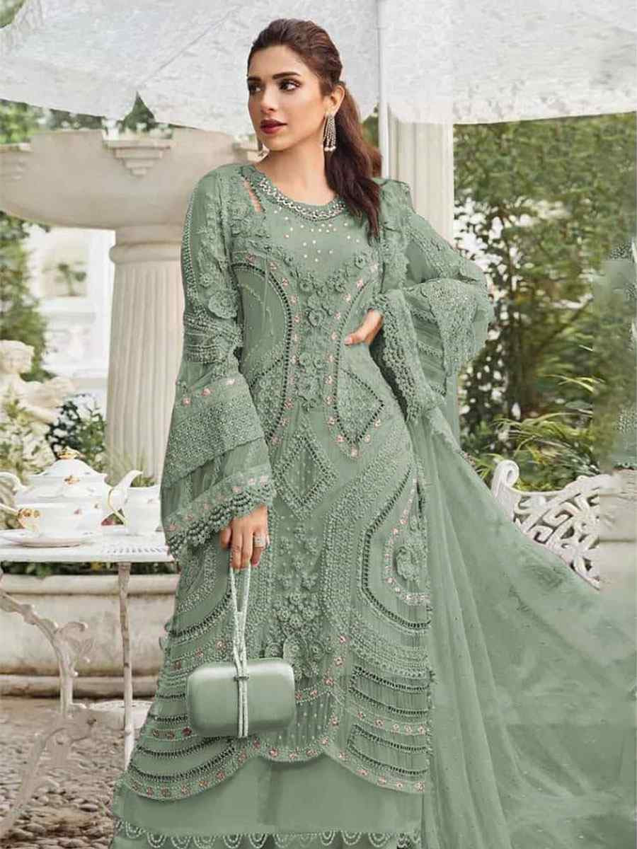 Green Heavy Fox Georgette Embroidered Festival Wedding Pant Salwar Kameez