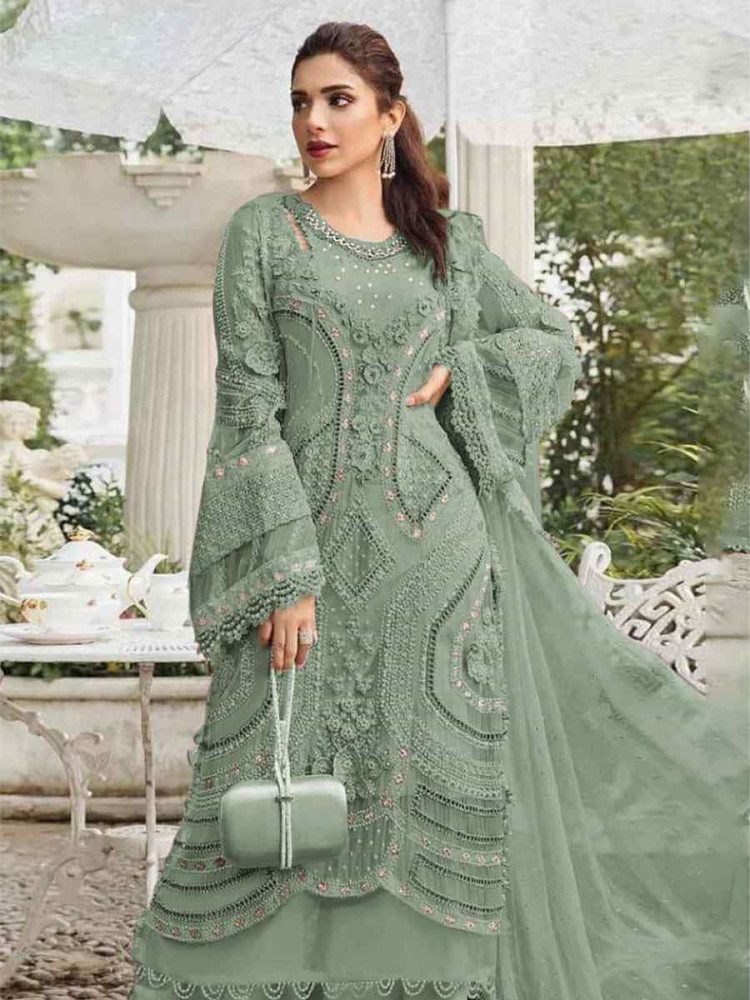 Image of Green Heavy Fox Georgette Embroidered Festival Wedding Pant Salwar Kameez