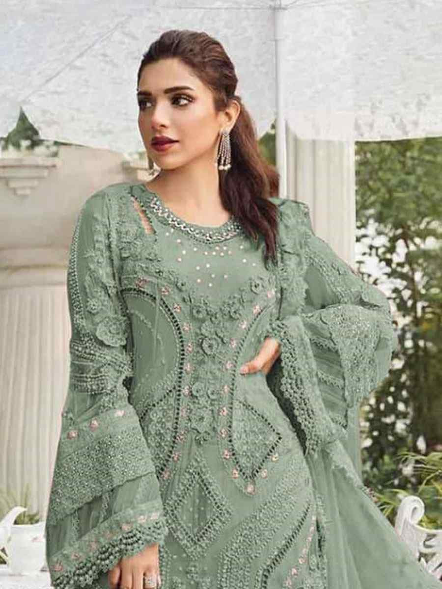 Green Heavy Fox Georgette Embroidered Festival Wedding Pant Salwar Kameez
