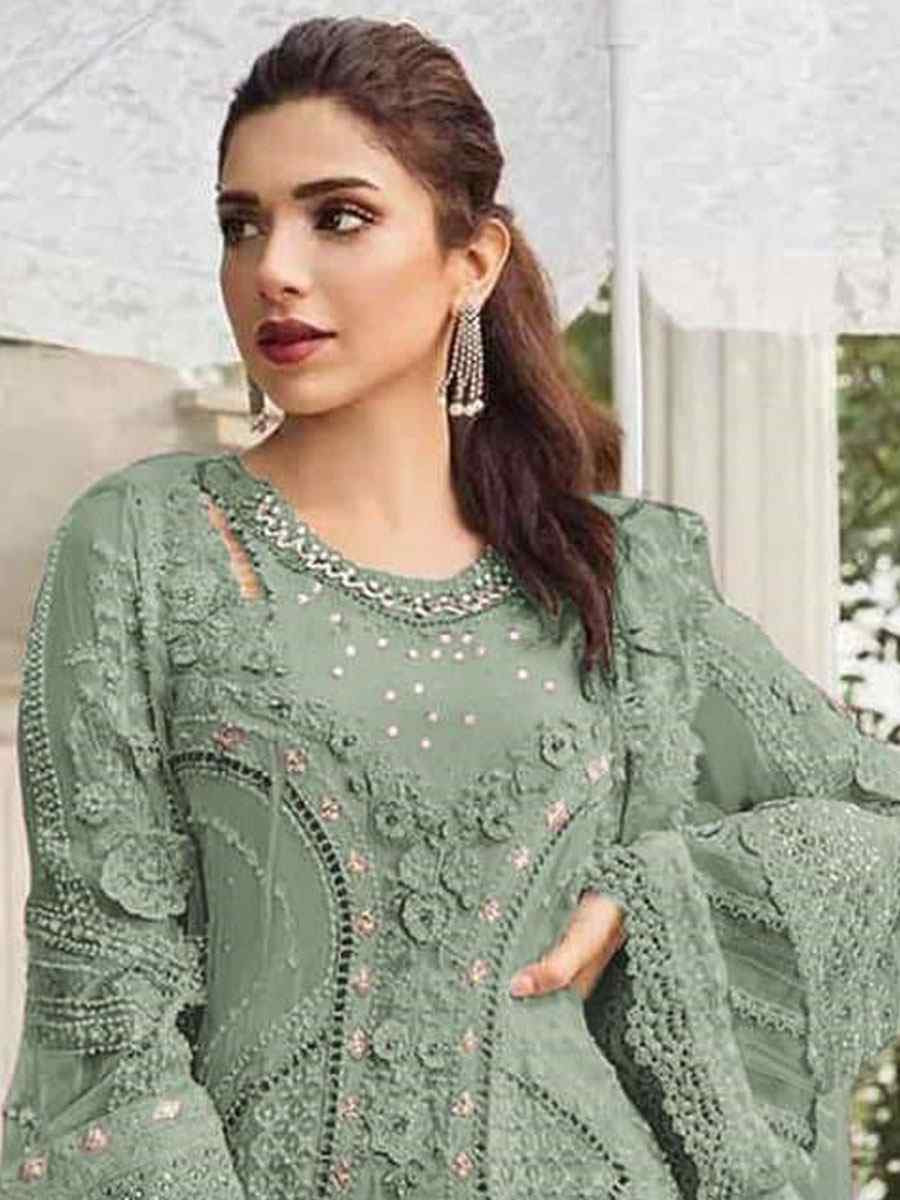 Green Heavy Fox Georgette Embroidered Festival Wedding Pant Salwar Kameez