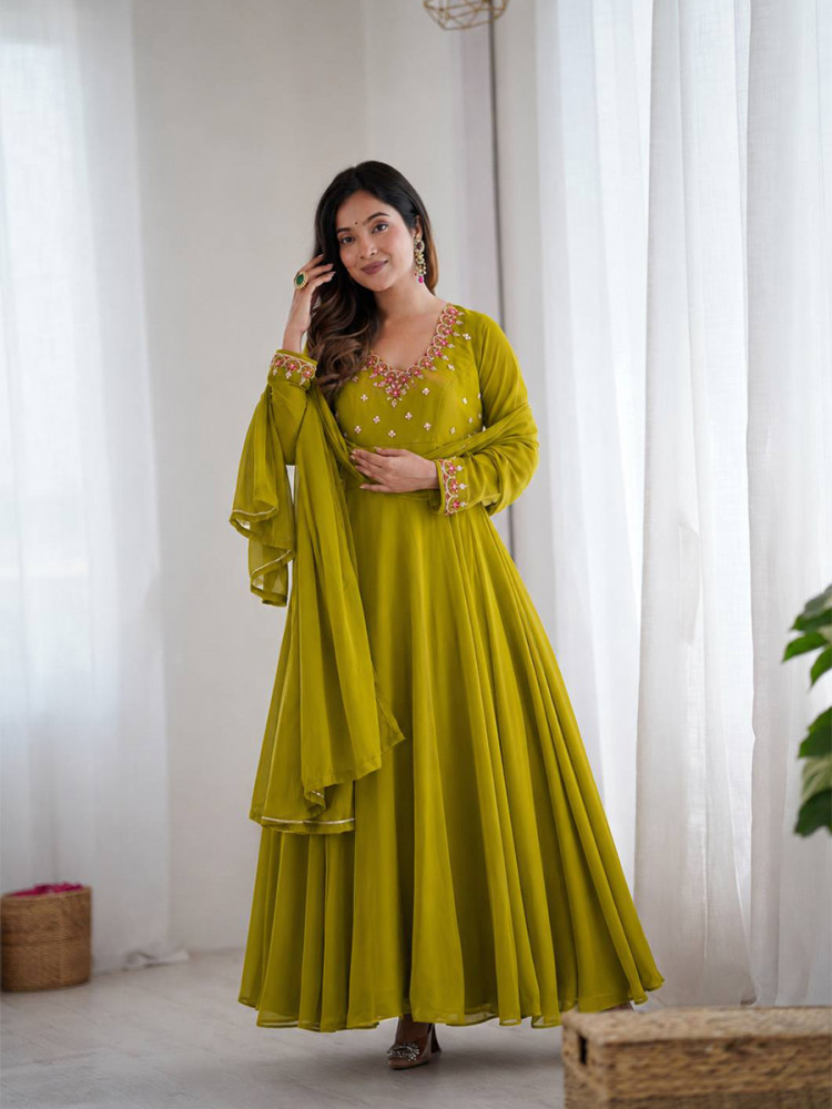 Image of Green Heavy Fox Georgette Embroidery Wedding Party Festival Casual Ready Anarkali Palazzo Pant Salwar Kameez