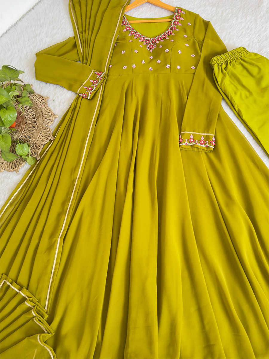 Green Heavy Fox Georgette Embroidery Wedding Party Festival Casual Ready Anarkali Palazzo Pant Salwar Kameez