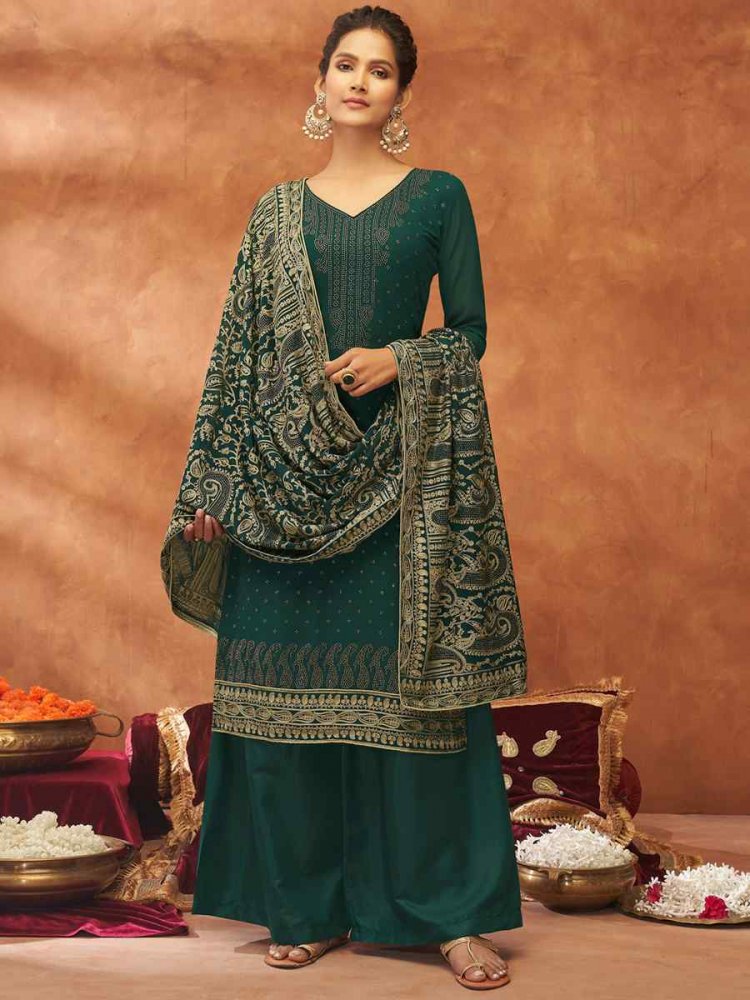 Green Heavy Georgette Embroidered Festival Wedding Palazzo Pant Salwar Kameez