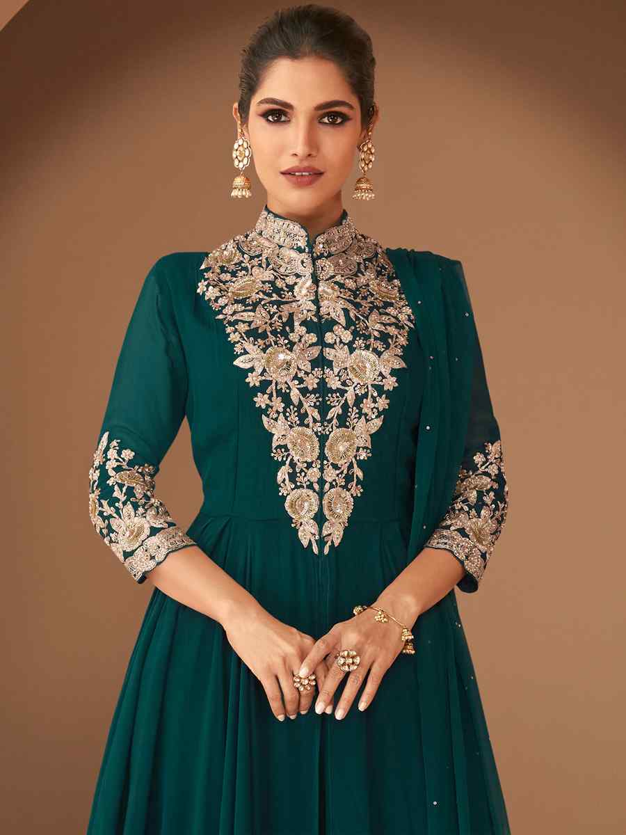 Green Heavy Georgette Embroidered Party Wedding Ready Anarkali Salwar Kameez