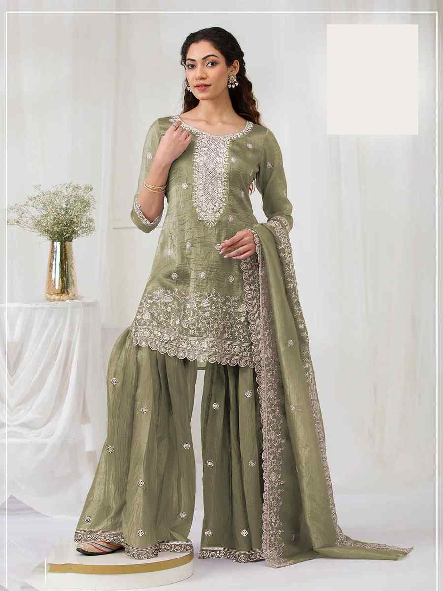 Green Heavy Gold Crush Georgette Embroidered Festival Wedding Sharara Pant Salwar Kameez