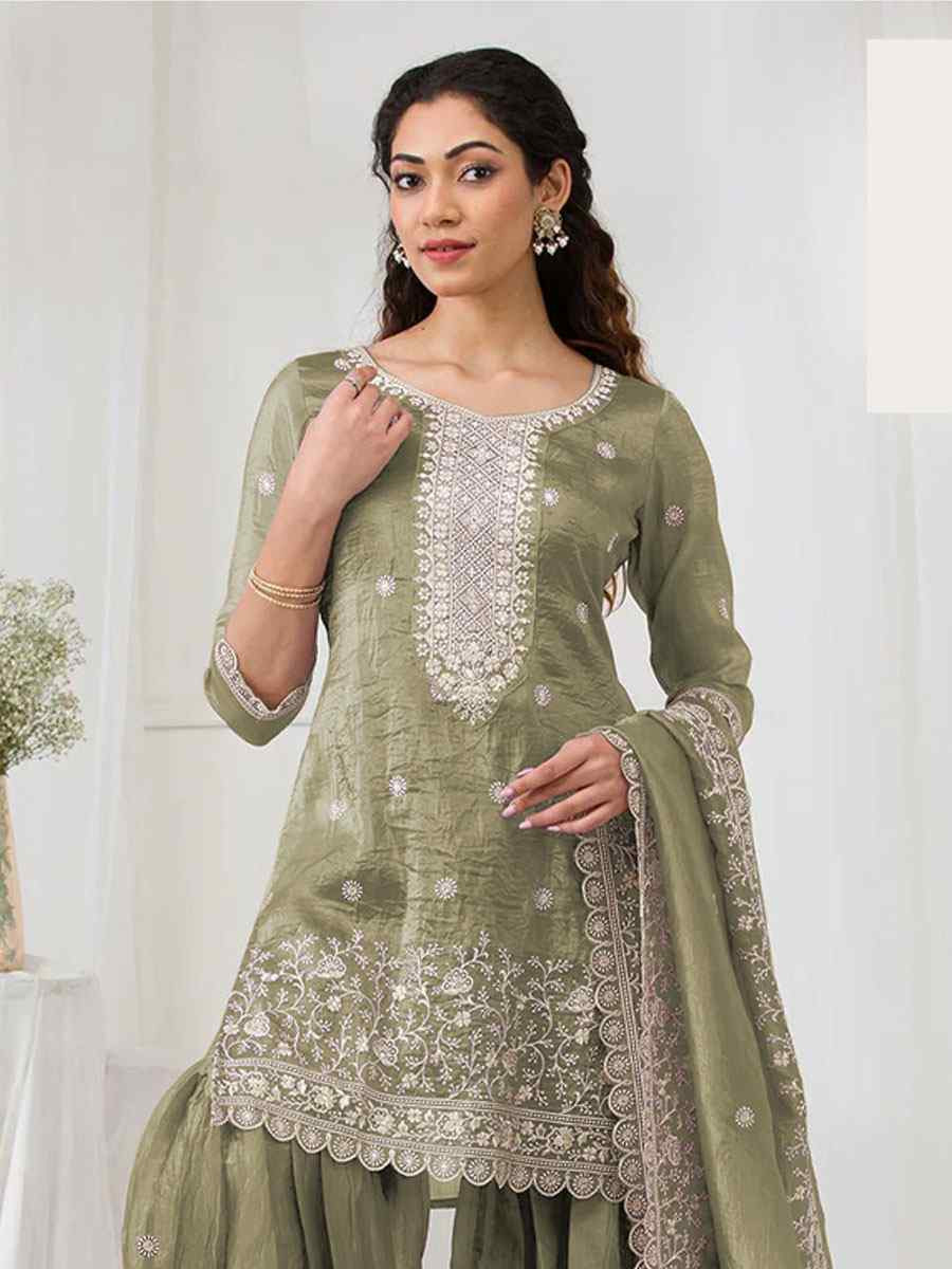 Green Heavy Gold Crush Georgette Embroidered Festival Wedding Sharara Pant Salwar Kameez