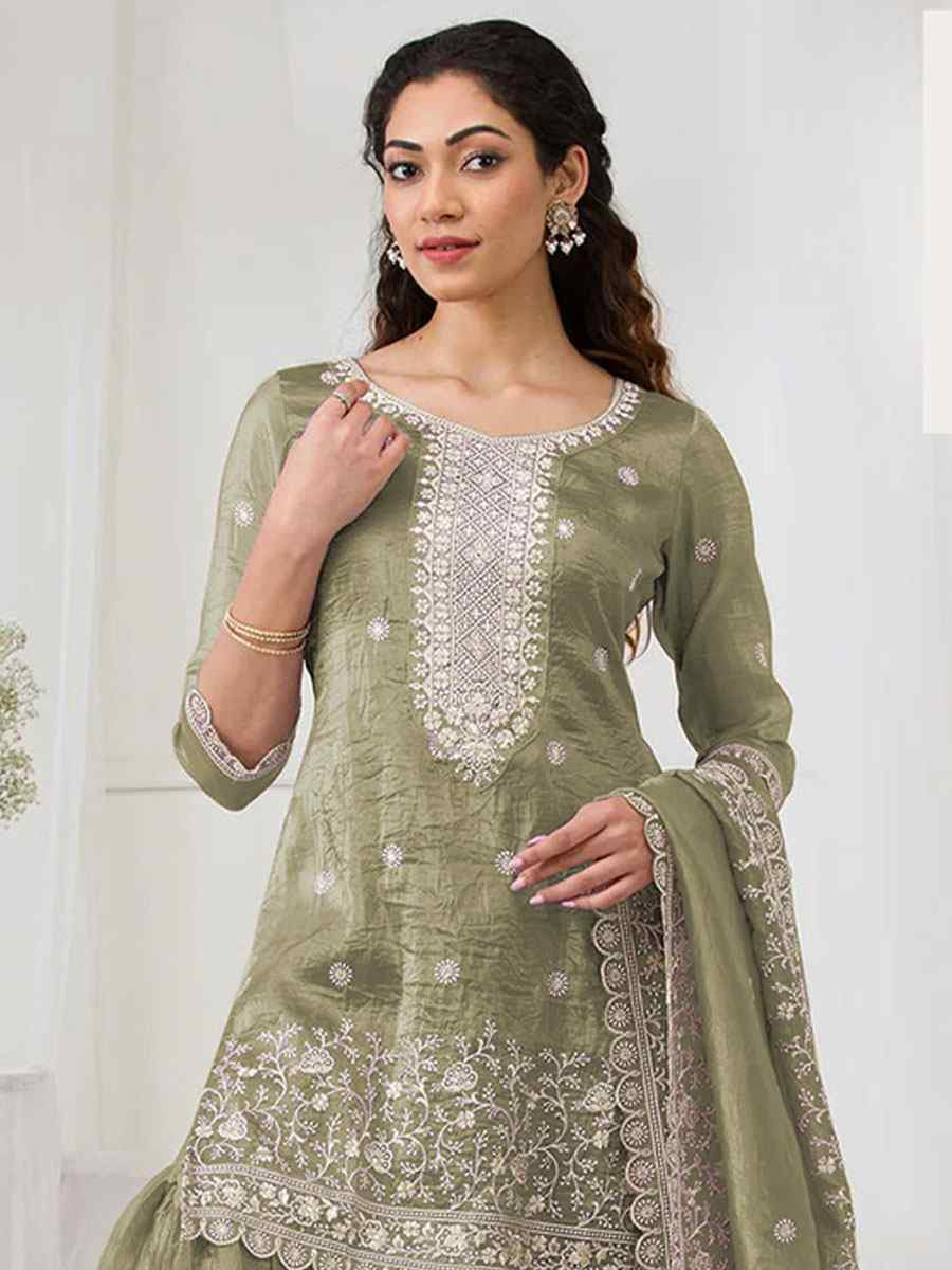 Green Heavy Gold Crush Georgette Embroidered Festival Wedding Sharara Pant Salwar Kameez