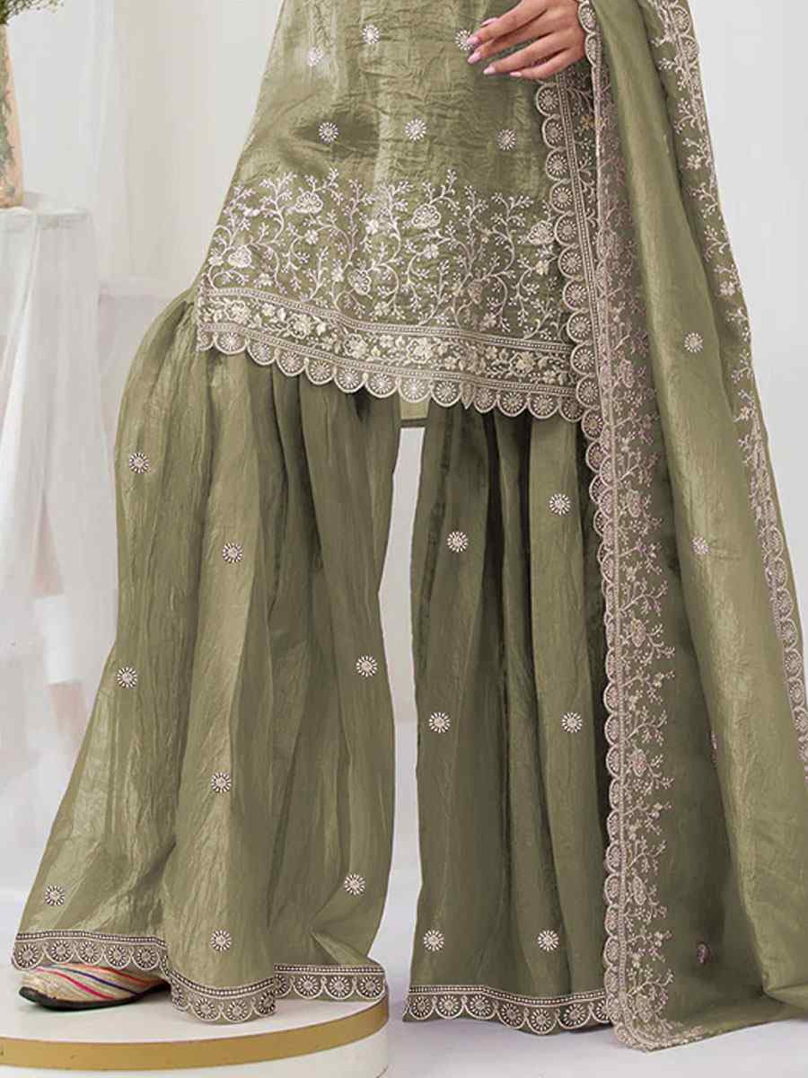 Green Heavy Gold Crush Georgette Embroidered Festival Wedding Sharara Pant Salwar Kameez
