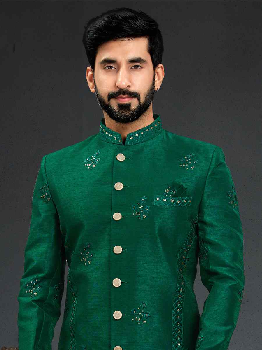 Green Heavy Imported Silk Woven Groom Wedding Sherwani