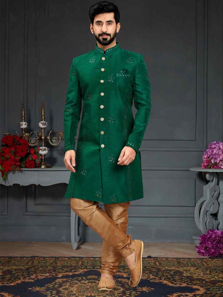 Green Heavy Imported Silk Woven Groom Wedding Sherwani