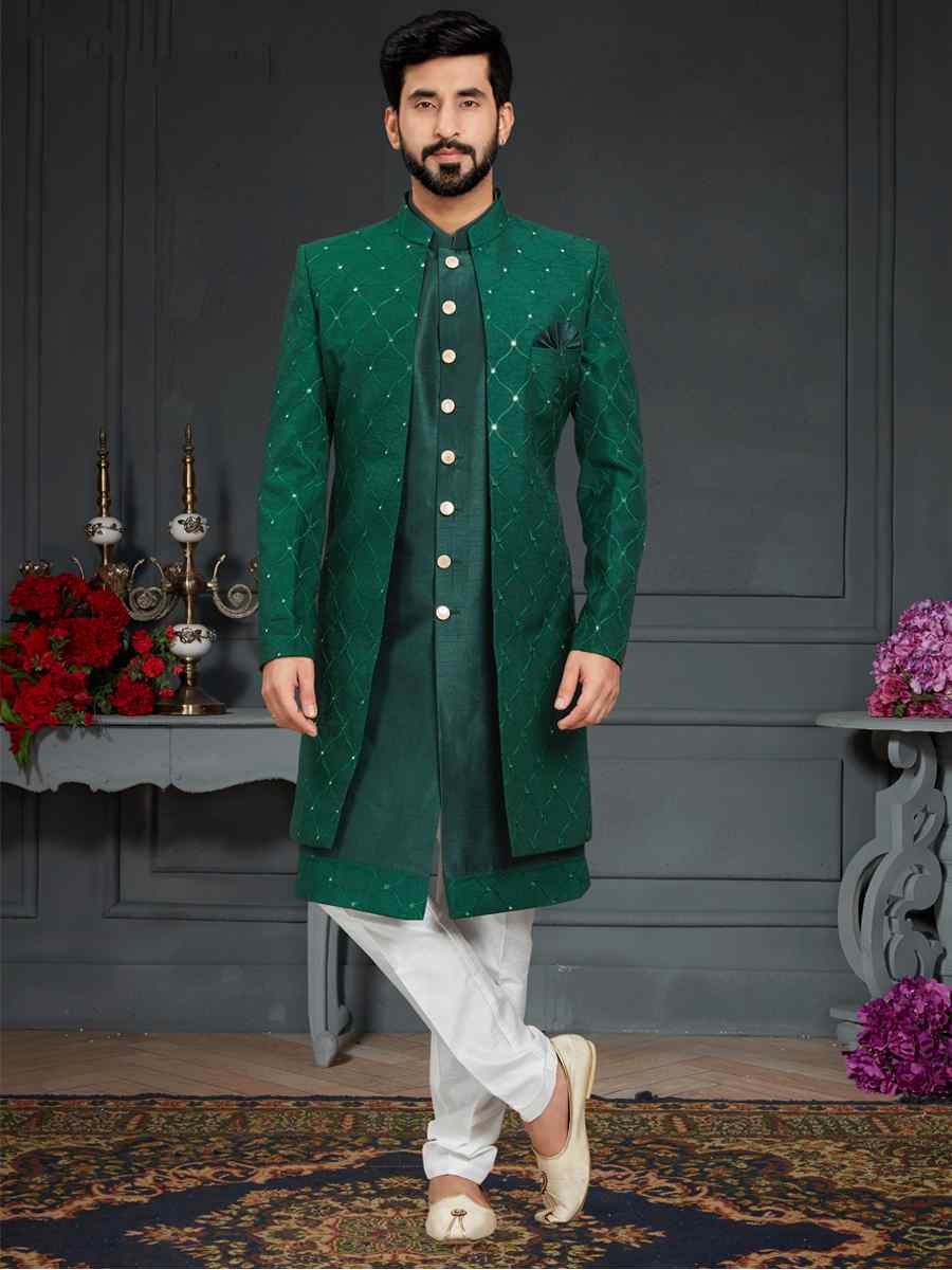 Green Heavy Imported Silk Woven Groom Wedding Sherwani