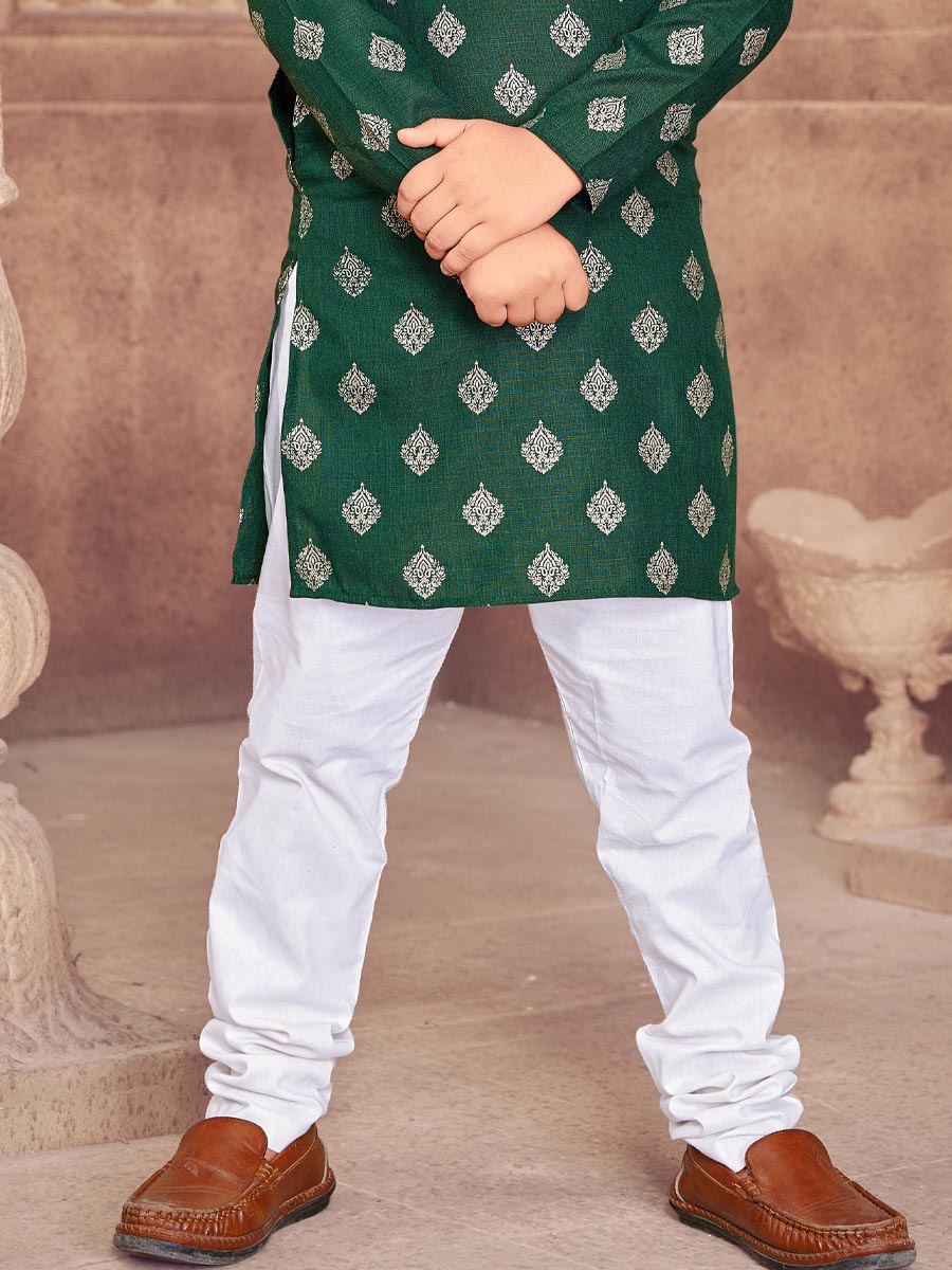 Green Heavy Magic Cotton Slub  Printed Festival Traditional Kurta Pyjama Boys Wear