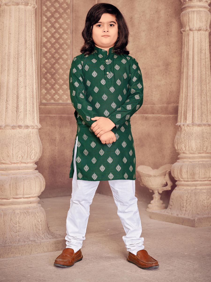 Green Heavy Magic Cotton Slub  Printed Festival Traditional Kurta Pyjama Boys Wear