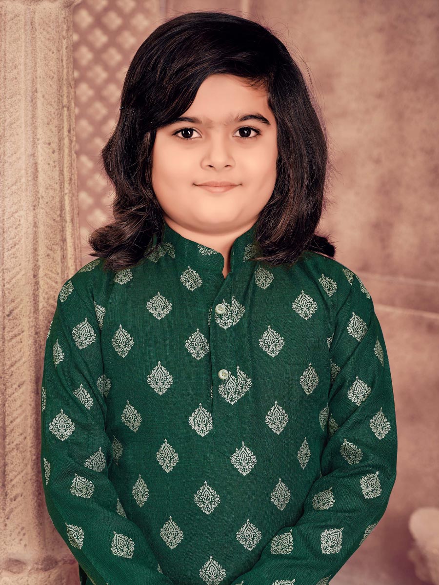 Green Heavy Magic Cotton Slub  Printed Festival Traditional Kurta Pyjama Boys Wear