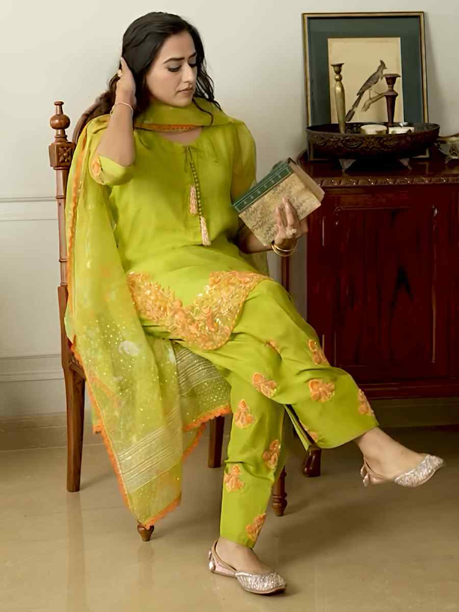 Green Heavy Micro Cotton Embroidered Festival Mehendi Ready Farsi Salwar Kameez