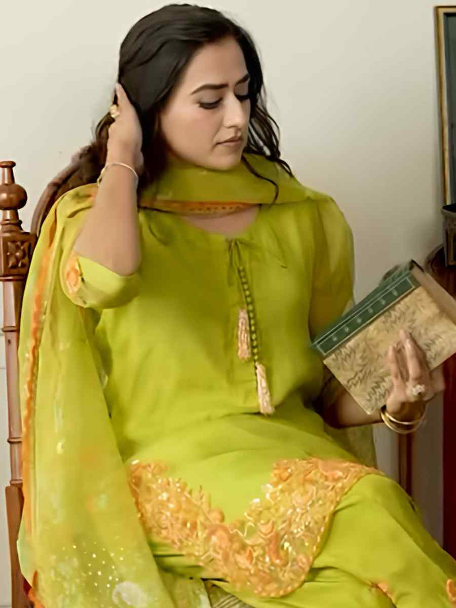 Green Heavy Micro Cotton Embroidered Festival Mehendi Ready Farsi Salwar Kameez