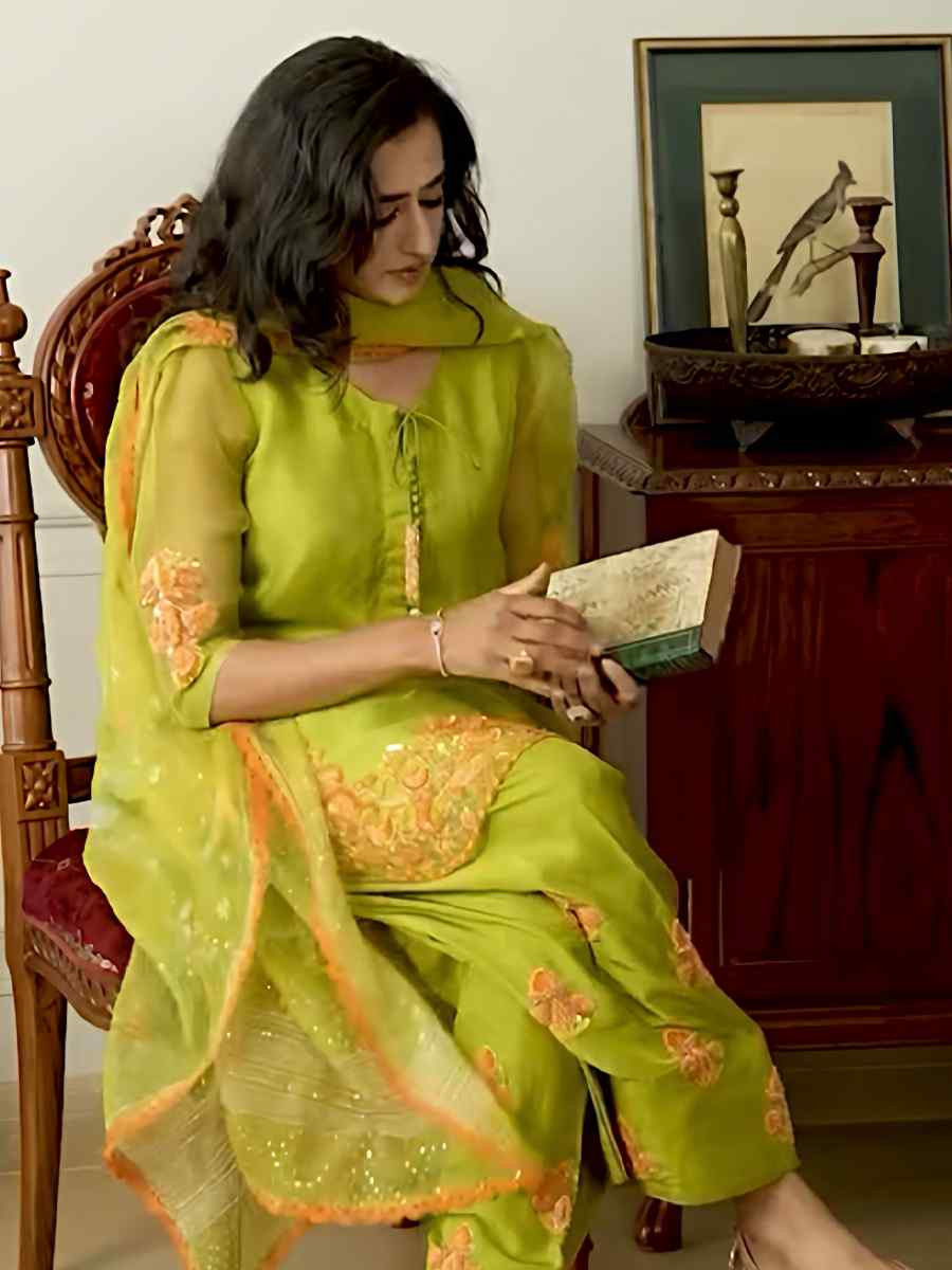 Green Heavy Micro Cotton Embroidered Festival Mehendi Ready Farsi Salwar Kameez