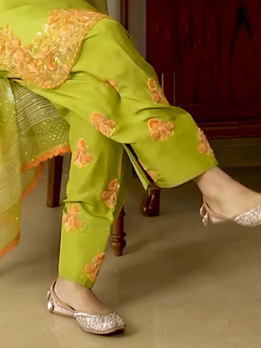 Green Heavy Micro Cotton Embroidered Festival Mehendi Ready Farsi Salwar Kameez