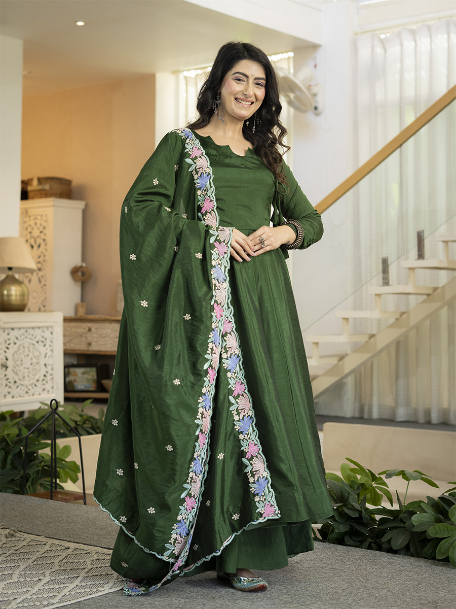 Green Heavy NC Vichitra Silk Embroidery Sequins Wedding Party Festival Casual Ready Anarkali Palazzo Pant Salwar Kameez
