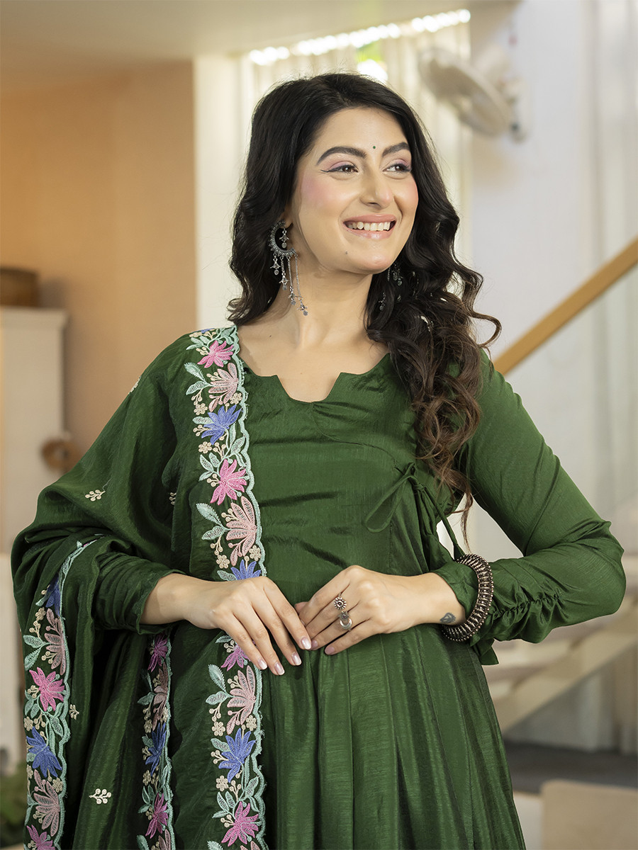 Green Heavy NC Vichitra Silk Embroidery Sequins Wedding Party Festival Casual Ready Anarkali Palazzo Pant Salwar Kameez