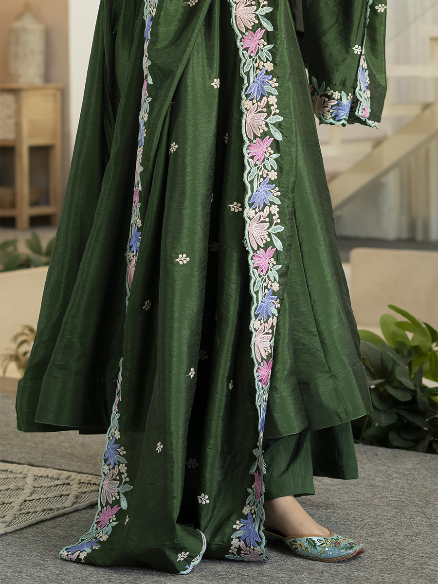 Green Heavy NC Vichitra Silk Embroidery Sequins Wedding Party Festival Casual Ready Anarkali Palazzo Pant Salwar Kameez