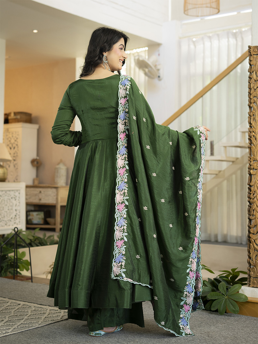 Green Heavy NC Vichitra Silk Embroidery Sequins Wedding Party Festival Casual Ready Anarkali Palazzo Pant Salwar Kameez