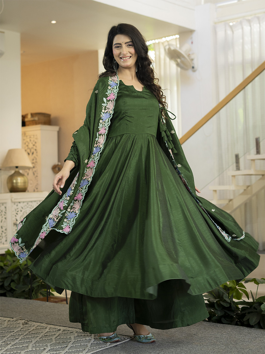 Green Heavy NC Vichitra Silk Embroidery Sequins Wedding Party Festival Casual Ready Anarkali Palazzo Pant Salwar Kameez