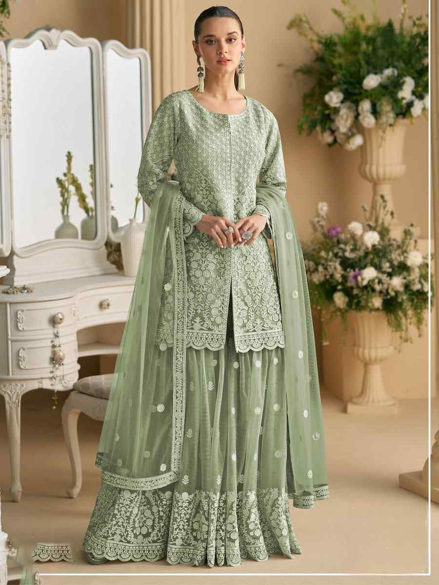 Green Heavy Net Embroidery Party Wedding Festival Casual Ready Sharara Pant Salwar Kameez