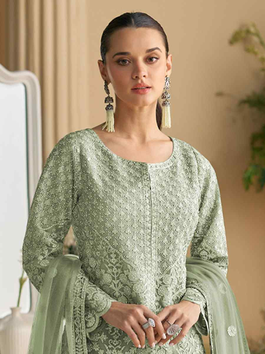 Green Heavy Net Embroidery Party Wedding Festival Casual Ready Sharara Pant Salwar Kameez