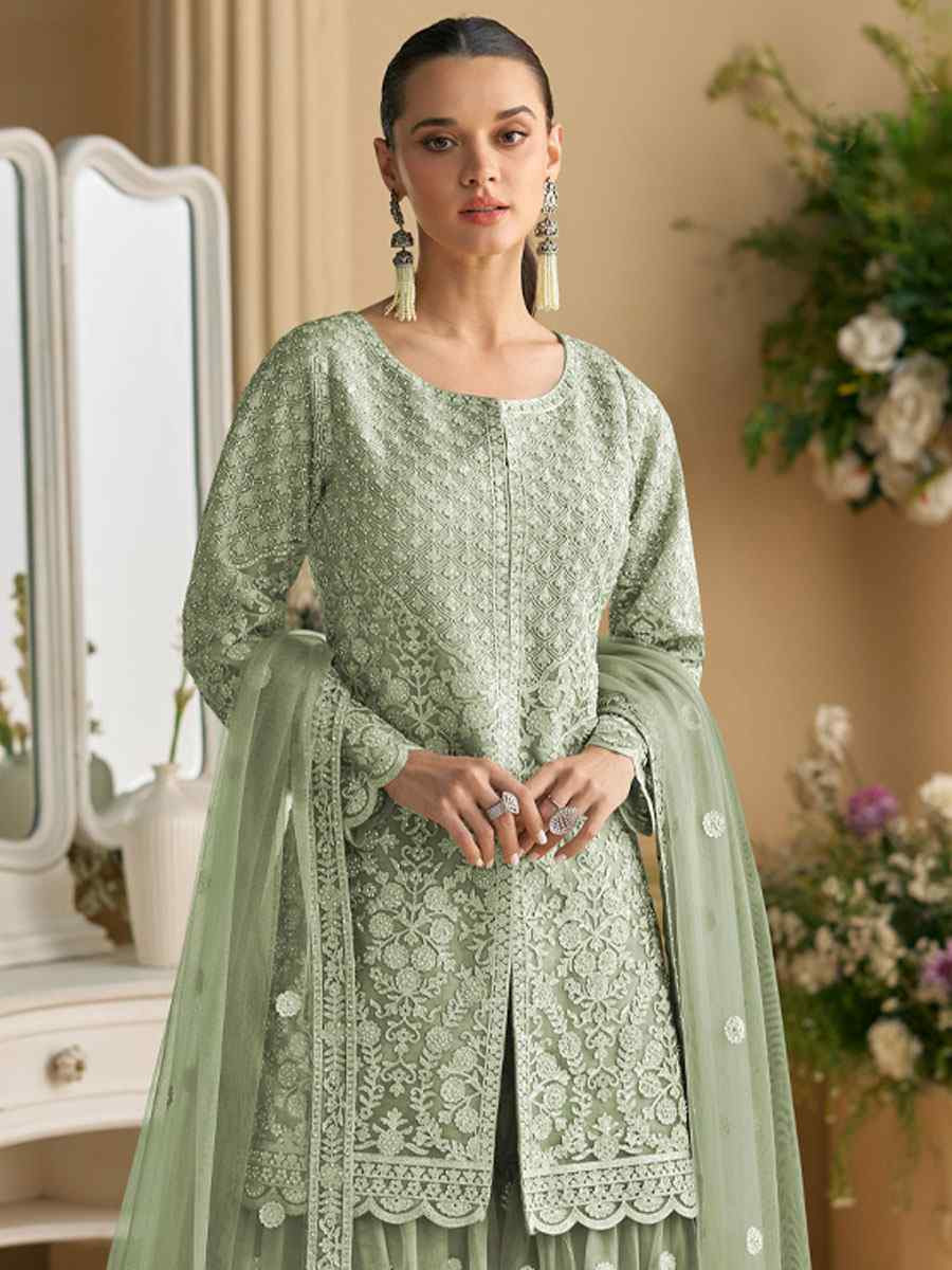 Green Heavy Net Embroidery Party Wedding Festival Casual Ready Sharara Pant Salwar Kameez