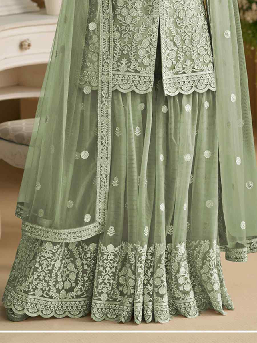 Green Heavy Net Embroidery Party Wedding Festival Casual Ready Sharara Pant Salwar Kameez