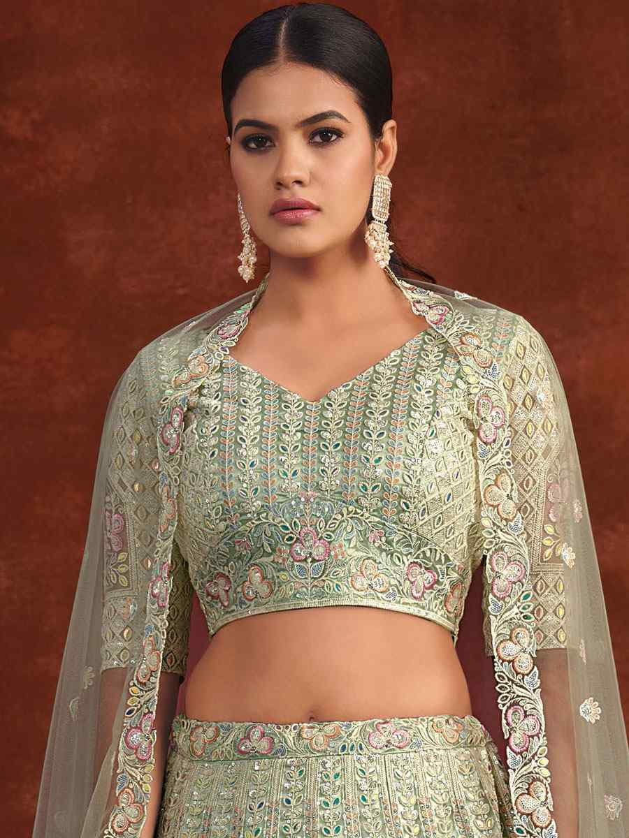 Green Heavy Net With Banglory Silk Inner Embroidered Printed Wedding Reception Festival Heavy Border Lehenga Choli