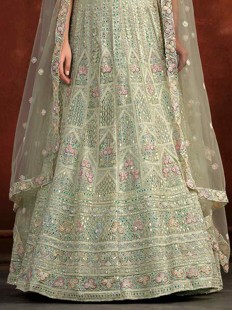 Green Heavy Net With Banglory Silk Inner Embroidered Printed Wedding Reception Festival Heavy Border Lehenga Choli