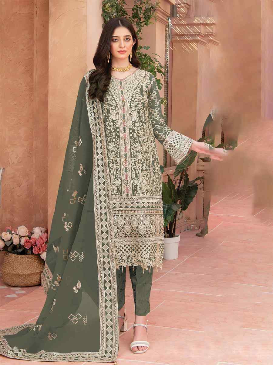 Green Heavy Organza Embroidered Festival Casual Pant Salwar Kameez