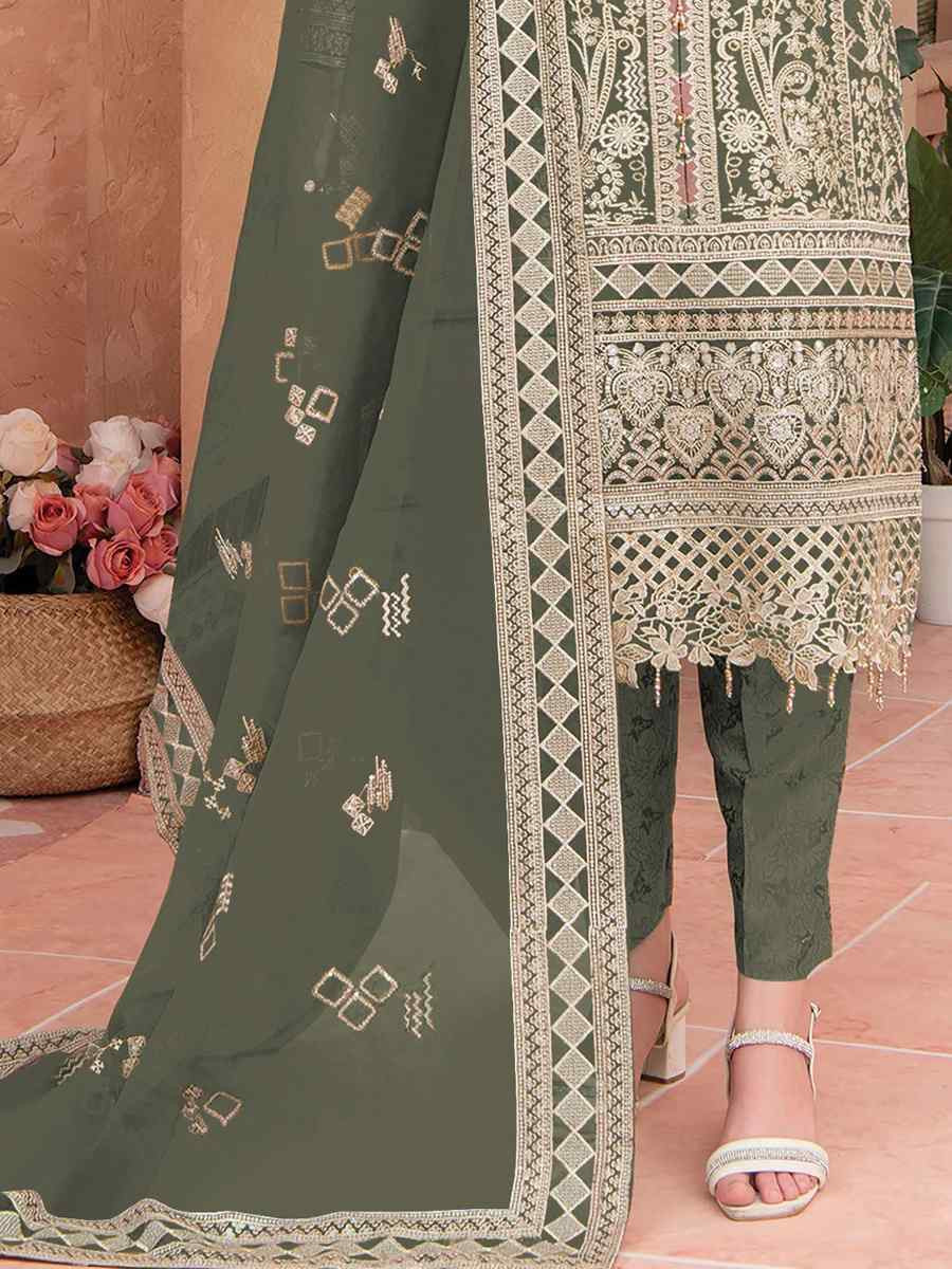 Green Heavy Organza Embroidered Festival Casual Pant Salwar Kameez