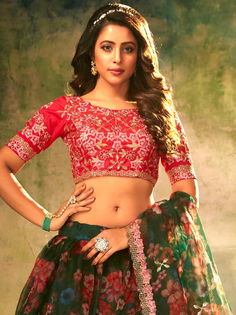 Green Heavy Organza Embroidered Festival Party Wear Heavy Border Lehenga Choli
