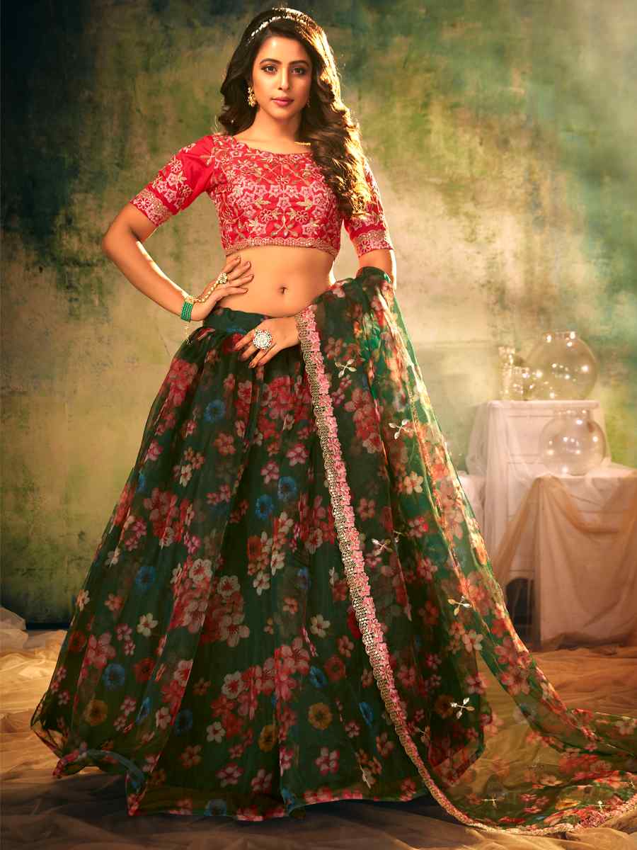 Green Heavy Organza Embroidered Festival Party Wear Heavy Border Lehenga Choli