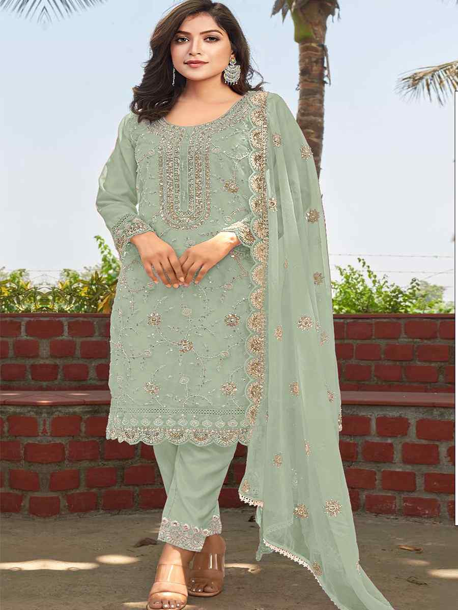 Green Heavy Organza Embroidered Festival Wedding Pant Salwar Kameez